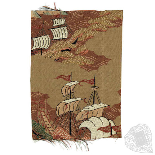 A fragment of fabric depicting foreign ships A fabric fragment