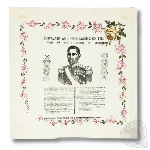 Souvenir and programme of the visit of Prince Fushimi to England A crepe-paper poster commemorating the visit of Prince Fushimi to England and Scotland