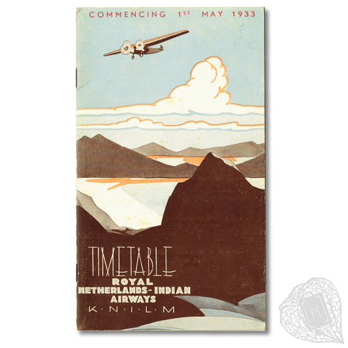 Timetable: Royal Netherlands-Indian Airways, K.N.I.L.M. Beautifully designed booklet advertising Royal Dutch Indies Airways flights in Indonesia