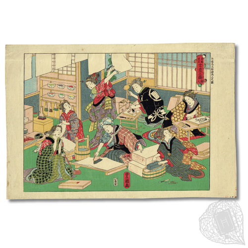Imayō Mitate Hori Suri Ryōkō no Zu [A Modern-day Adaptation Picturing Carving and Printing] An ukiyo-e of an ukiyo-e workshop run by female artisans